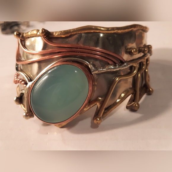 Jewelry - Beautiful Brass Copper Bronze Bracelet Bangle With Blue Calcite Stone